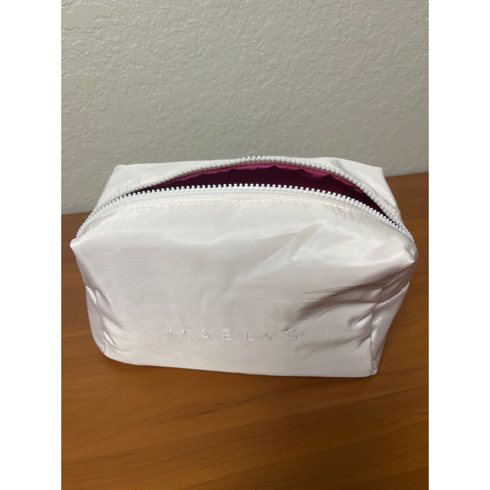 MAELYS Cosmetics White Makeup Bag Pink Interior Satin Travel Toiletry Pouch